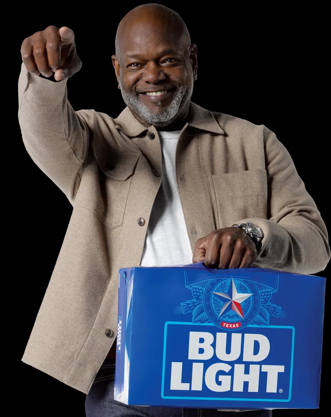 NFL star Emmitt Smith holding a case of Bud Light themed for generic, smiling with fist raised